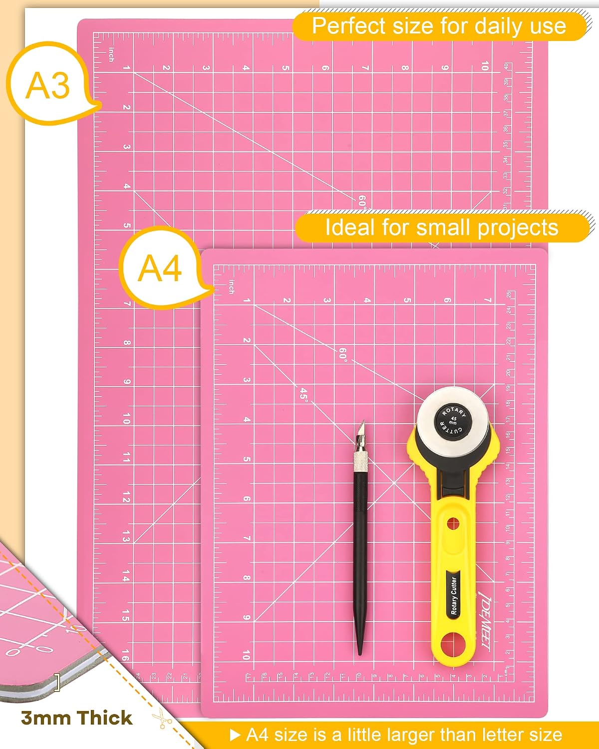 Density-upgraded 18"x12" Self Healing Cutting Mat, Idemeet Rotary Sewing Mat for Crafts, 5-Ply Blade Table Protector Cut Board for Fabric Leather Cutting Quilting Modeling Hobby Project, A3, Pink