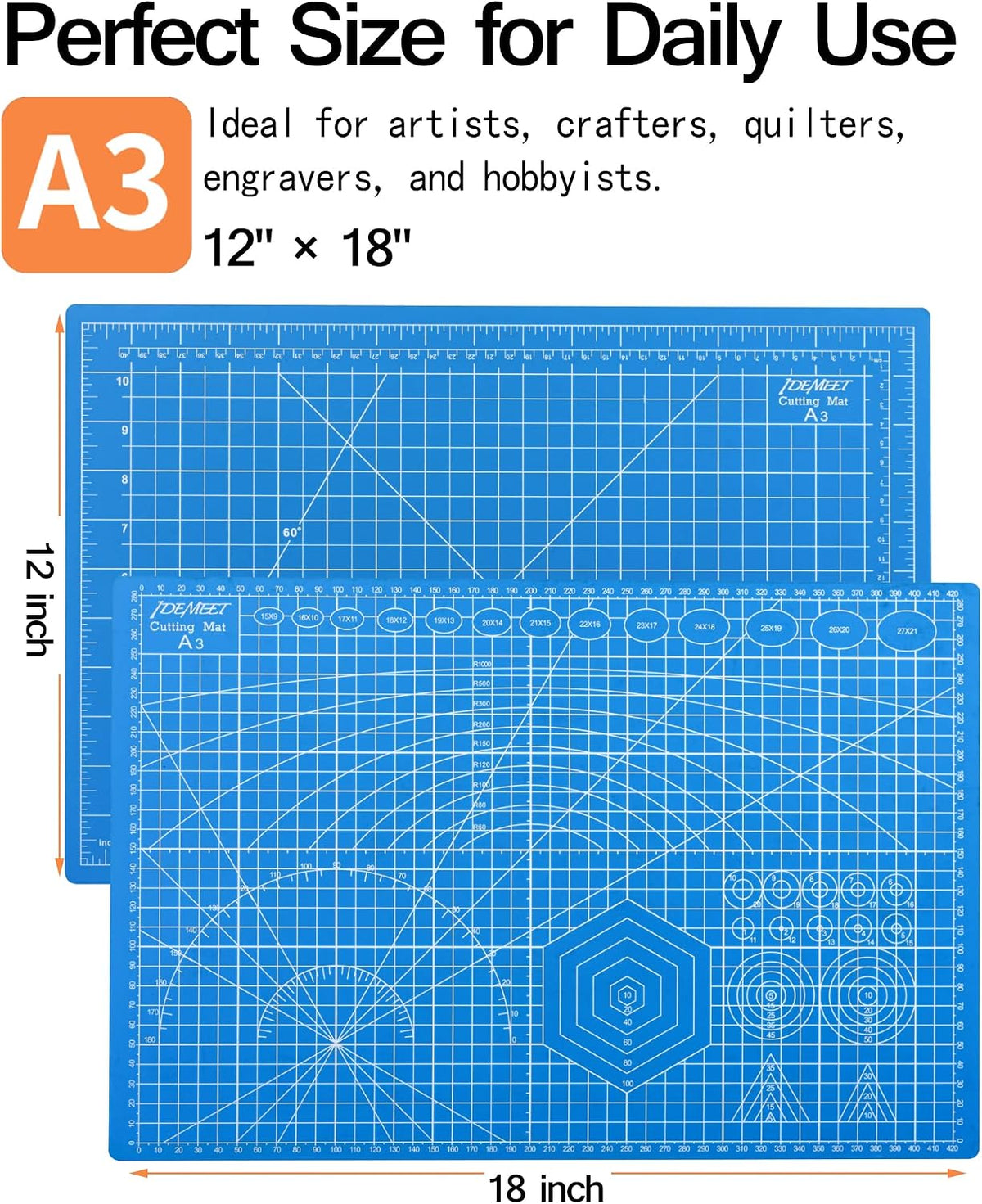 Density-upgraded 18"x12" Self Healing Cutting Mat, Idemeet Rotary Sewing Mat for Crafts, 5-Ply Blade Table Protector Cut Board for Fabric Leather Cutting Quilting Modeling Hobby Project, A3, Blue